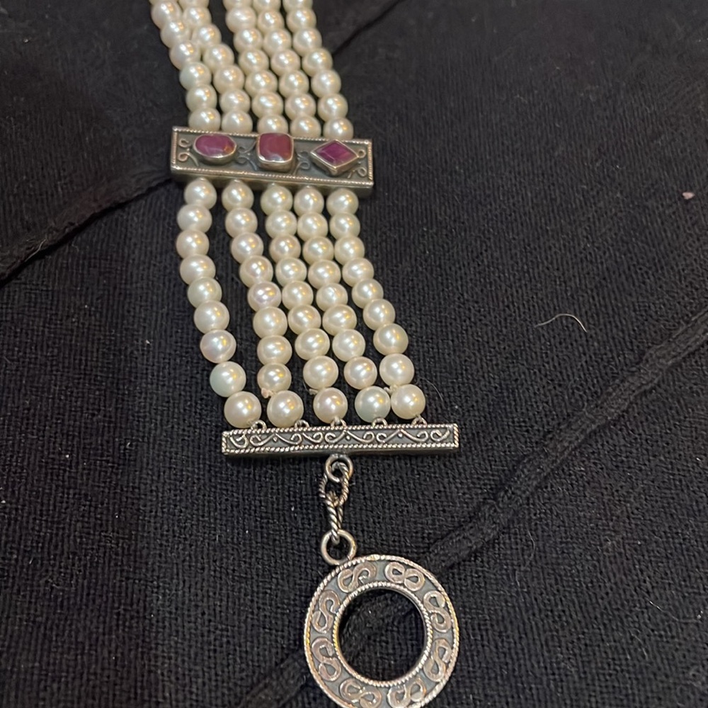 Sterling Silver, Ruby And Pearl 5 Strand Bracelet. - image 4